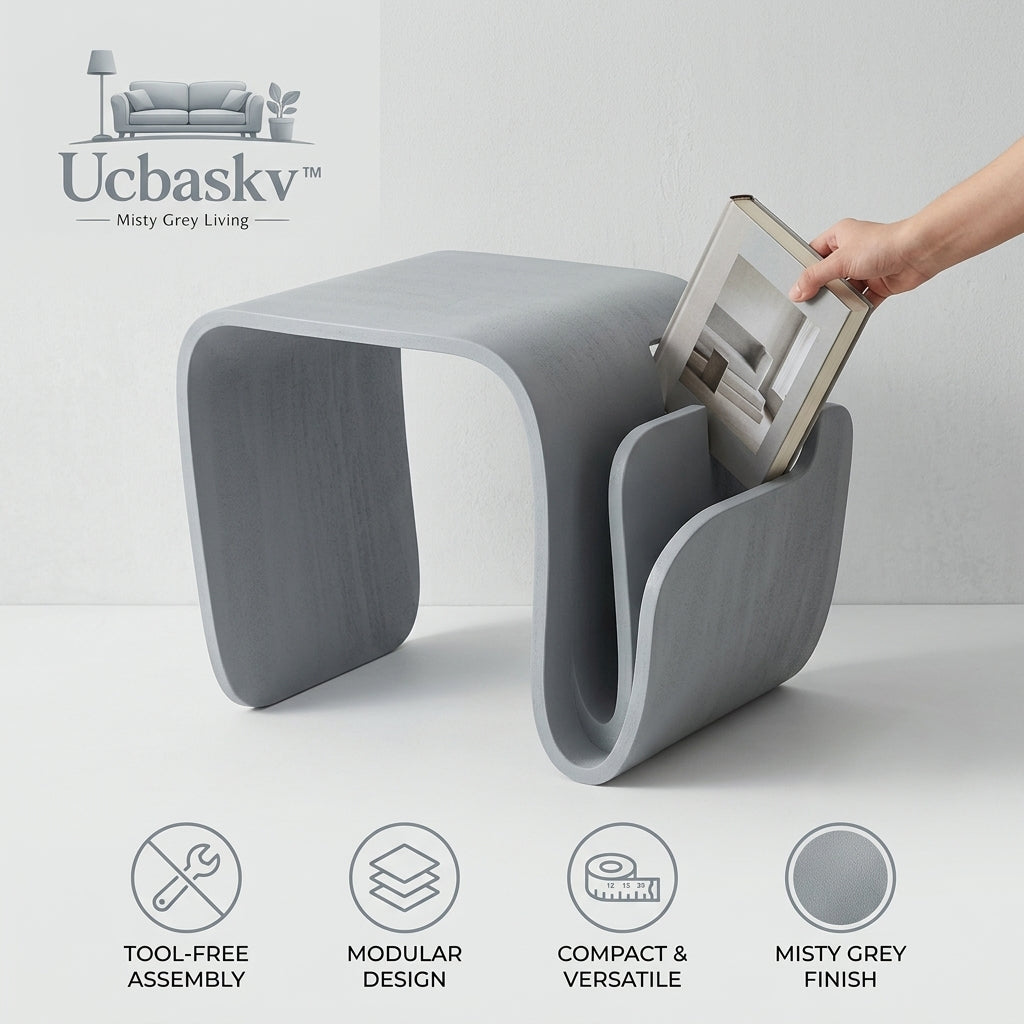 Ucbaskv™ Misty Grey Minimalist Side Table with Built-in Magazine Rack – Versatile Modular End Table, Compact Nightstand & Book Organizer for Living Room, Bedroom, and Small Spaces