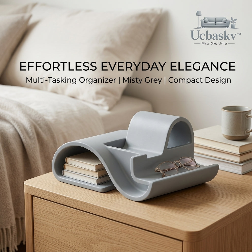 Ucbaskv™ Misty Grey Nightstand Organizer - Minimalist Bedside Valet Tray, Multi-Functional Desk Organizer & Book Holder, Modern Phone Docking Station & Glasses Stand for Bedroom, Office, and Living Room Decor