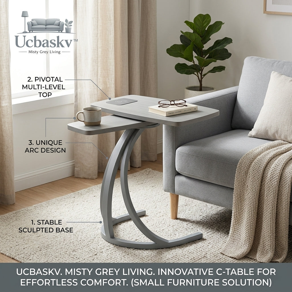 Ucbaskv™ Modern C-Table Side Table with Wireless Charging Pad, 2-Tier Pivoting Swivel Top End Table for Couch and Bed, Space-Saving Sofa Table with Stable Sculpted Base, Misty Grey Living Series