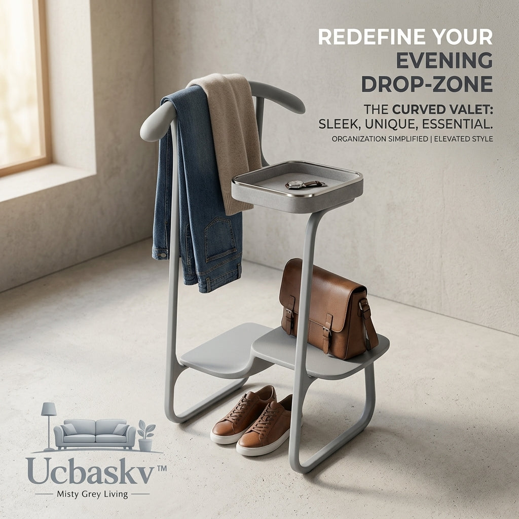 Ucbaskv™ Modern Curved Valet Stand with Accessory Organizer Tray & Shoe Rack – Premium Metal Clothes Hanger Rack & Silent Servant for Bedroom, Entryway & Dressing Room – Sleek Outfit Organizer for Jackets, Pants, Bags & Watches