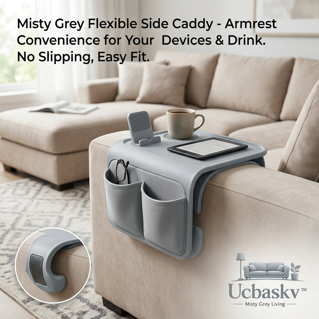 Ucbaskv™ Sofa Armrest Organizer Tray - Flexible Couch Arm Table with Built-in Cup Holder, Phone Stand & Side Storage Pockets for Remotes, Tablets, Glasses - Non-Slip Misty Grey Side Caddy for Living Room Convenience