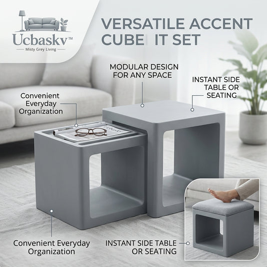 Ucbaskv™ 2-Piece Versatile Accent Cube Set - Modern Misty Grey Nesting Side Tables, Modular End Tables with Built-in Storage Tray, Multifunctional Footrest Ottoman & Extra Seating for Living Room, Bedroom, and Small Spaces