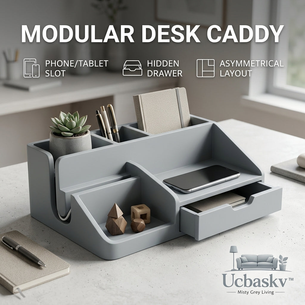 Ucbaskv™ Modular Desk Organizer - Asymmetrical Desktop Storage Caddy with Hidden Drawer, Phone & Tablet Stand with Cable Pass-Through, Pen Pencil Holder & Aesthetics Office Decor Station for Home Office, School & Vanity, Misty Grey